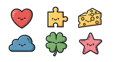 Collection of adorable cartoon icons with cute smiling faces isolated on a white backdrop