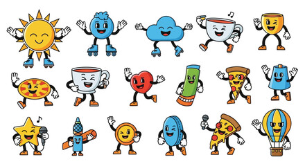 Whimsical Cartoon Characters Seamless Pattern Featuring Varied Objects with Retro Animation Style