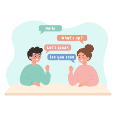 Conversation between friends illustration. People talking at table. Chatting communication concept