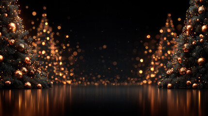 dark luxurious elegant Christmas trees on both sides, trees decorated with warm orange-golden garlands and ornaments