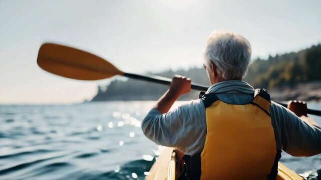Rear view on a elderly man kayaking on a calm water during a bright, sunny day, enjoying peaceful outdoor activity.