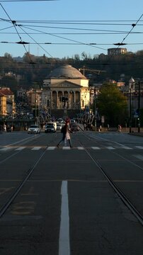 Italy, Turin, 11-10-2024. View from Piazza Vittorio, Gran Madre di Dio facade at sunset. City of Turin. Vertical video