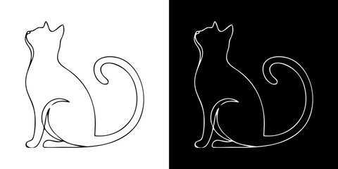 Continuous one-line drawing of a graceful sitting cat. Minimalist black and white feline silhouette for a logo or tattoo design