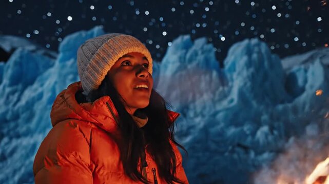 Cinematic Portrait of Climber Resting by Campfire Near Glacier with Warm Night HDR Glow