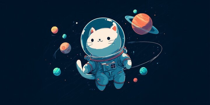Cartoon cat astronaut floating in space with planets around, cosmic adventure