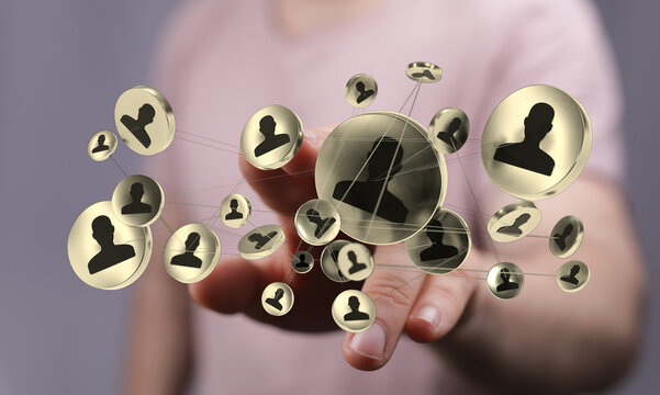 A 3D render depicting a connected network of person icons, ideal for illustrating social connections, teamwork, or organizational structures.