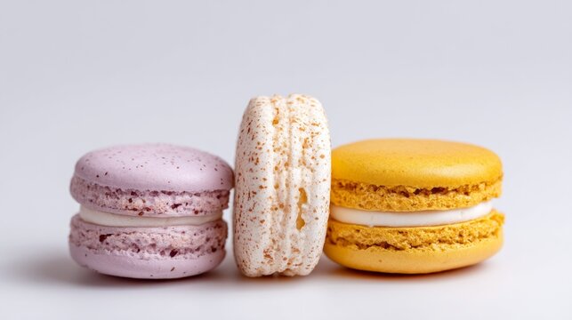 Three colorful macarons sit side by side, each showcasing unique flavors and textures