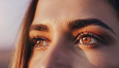 Close up of a person's eyes illuminated by warm sunlight.