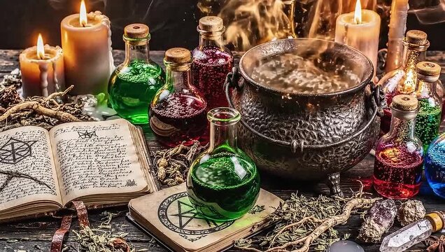 Overhead shot of a wooden table with bubbling potion bottles, herbs, candles, an open spellbook, and colorful smoke drifting upward. Slight camera pan or zoom.