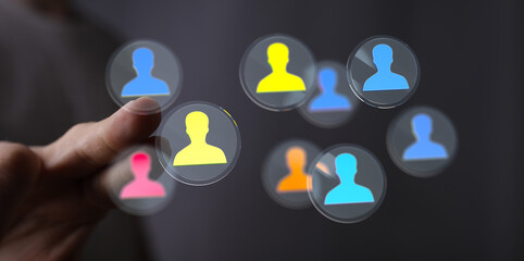 Concept of digital networking and connection with the concept of people, hand touching interface. Technology, and futuristic user experience.