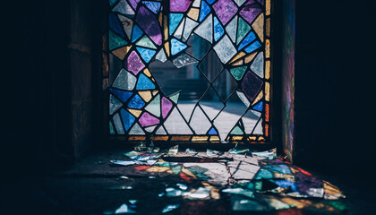 Broken stained glass window with colorful shards on windowsill.