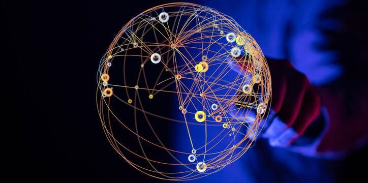 Abstract image of a glowing digital sphere representing a global network, with a hand touching the network. Ideal for concepts like c
