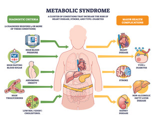 Metabolic syndrome disorders illustrated as clustered risks around a human figure, key icons show high blood pressure, high blood sugar, and abdominal obesity. Outline diagram