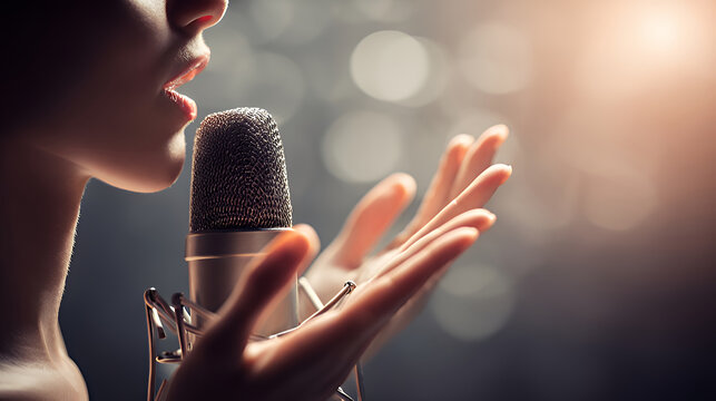 Singer Near Microphone with Hands Raised on Bokeh Background