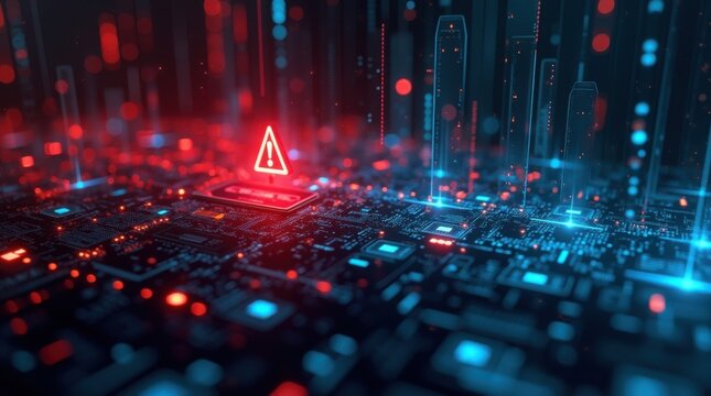 Interfaz hologr&aacute;fica abstracta que muestra iconos de advertencia rojos, chispas el&eacute;ctricas parpadean en las rejillas de datos, sobrecarga del sistema y fallo digital inminente