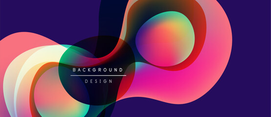 Abstract fluid shapes overlap, creating vibrant color gradients. Dark purple background emphasizes flowing design elements. Modern aesthetic.