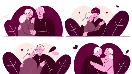 Four illustrations of couples embracing, showing love and affection