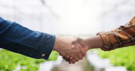 People, handshake and partnership with deal in greenhouse for food production, b2c or agro...
