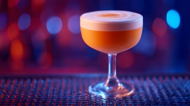 An enticing cocktail rests in a stylish glass, illuminated by vibrant lights at a lively bar counter. The colorful ambiance enhances the evening's social atmosphere