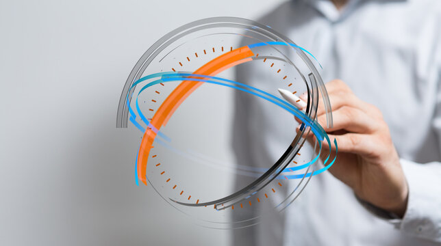 Person drawing an abstract futuristic design with clock-like elements representing technology and the future. Conceptual art for digi