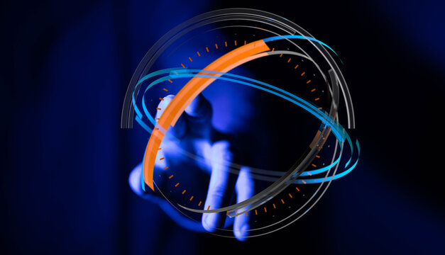 Digitally rendered image of a hand interacting with a glowing futuristic sphere, set against a dark blue gradient backdrop. Futuristi - Powered by Adobe