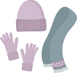 Set of knitted hat, mittens and scarf with ornamental pattern. Winter accessories in soft lilac and blue tones. 