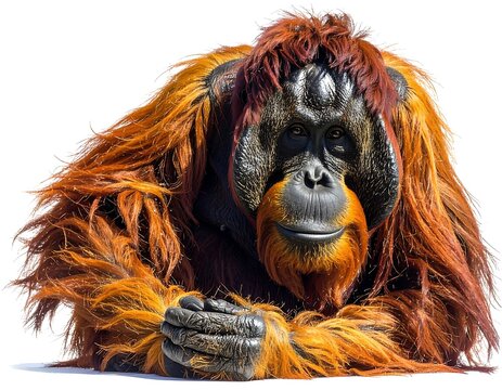 A close-up view of a large, orange-brown primate with a dark face. It looks directly at the viewer with thoughtful eyes