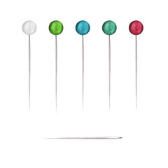 A bundle of sewing pins with colorful blue, red, green and white beads and a sewing needle. Tailoring clipart. Hand drawn illustrations for sewing, knitting or embroidery-themed design, packaging