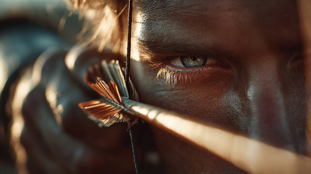 Close up of focused person aiming arrow with extreme precision and energy, capturing intense concentration and skill involved in this sports activity