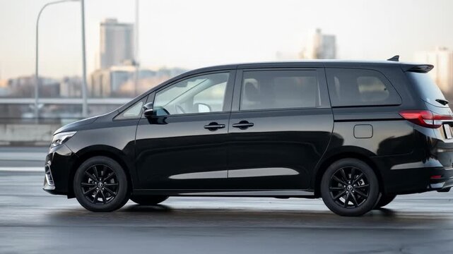 Sleek, black minivan profile with blurred cityscape background