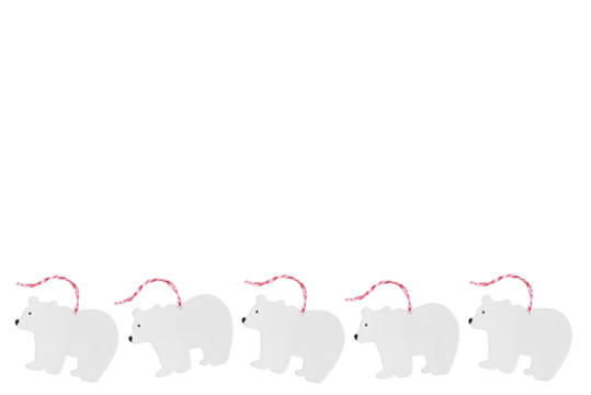 Five white wooden bears isolated on transparent background, png, christmas border