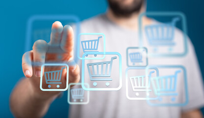 Person interacting with shopping cart icons representing online purchasing, e-commerce, and digital retail. Illustrating the ease of internet sh