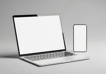A modern laptop smartphone blank screens on a neutral background