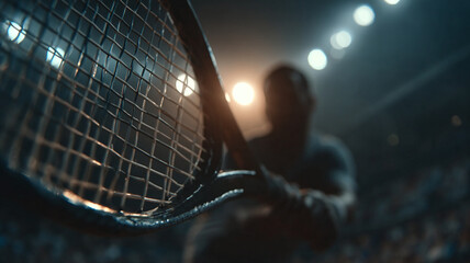Tennis racket close up with blurred player in background under stadium lights showing extreme sports energy and focus during competitive match in outdoor court at night