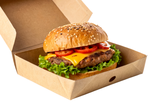 Cheeseburger sesame bun delivery cardboard open box - Powered by Adobe