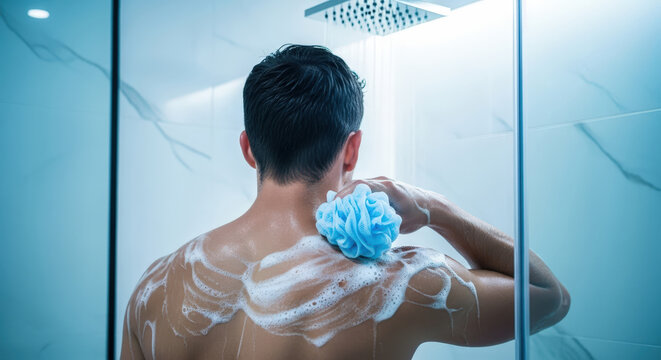 Rear view of a man scrubbing his back with a blue loofah, covered in white soap suds, in a sleek modern shower