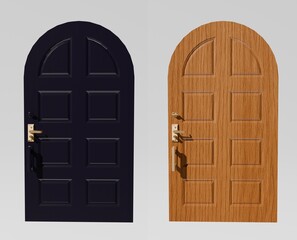 Collection of realistic 3D arched doors (dark blue and wood) for interior design. Set of 3D rendered classic arched doors, isolated on white background.