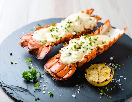 Seafood Delicacy Extreme Closeup with Charred Lemon and Salt Crystals