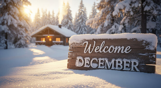 welcome december, winter landscape, snow scene, frosty typography, christmas season, holiday greeting, december wallpaper, morning sunlight, winter forest, cozy cabin, realistic snow, cold weather, fe