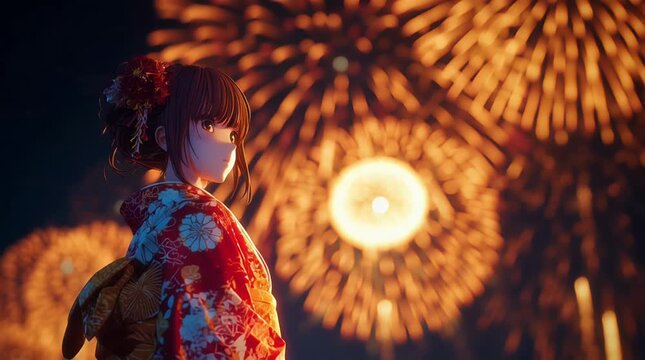 Animation of Anime Girl Wearing Traditional Japanese Kimono Watching Fireworks at Summer Festival