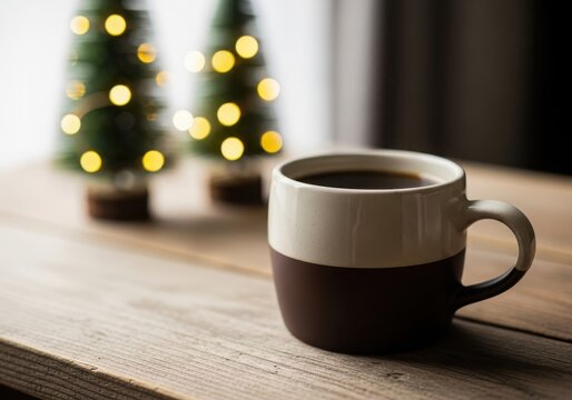 A warm cup of coffee sits on a rustic wooden table in front of blurred christmas trees glowing lights