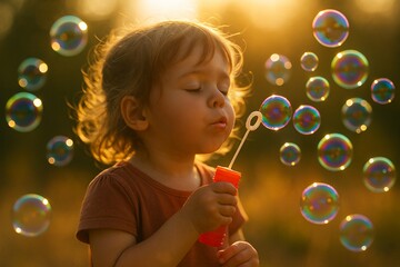 Child blowing soap bubbles, exuding joy and carefree spirit. Young boy enjoying moment, blowing soap bubbles against warm backdrop of sunlight. Atmosphere of carefree happiness