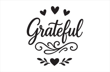 Black and white grateful calligraphy with heart motifs on a white background