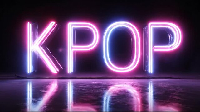 K-pop music neon sign glowing with pink blue light reflected on dark wet street black background. Modern entertainment concert for musical kpop culture. Korean popular cool lifestyle. Cultural Korea.