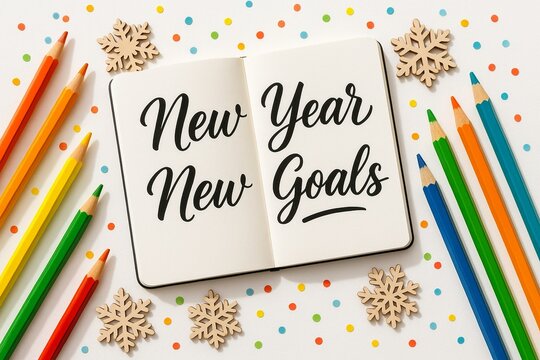 New Year, New Goals - colorful pencil collection, wooden snowflakes surround open notebook with motivational text. Fresh starts and aspirations. Phrase inspiring creativity and fresh beginnings