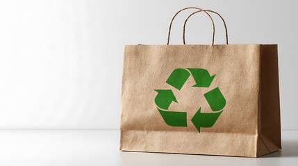 A clean brown paper shopping bag with a green recycling symbol, placed on a white surface, isolated on white background