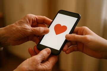 Young and old hands hold a smartphone displaying red heart, symbolizing love and care in the digital age. Caring for and helping the elderly. Warmth, tenderness, emotional connection and love