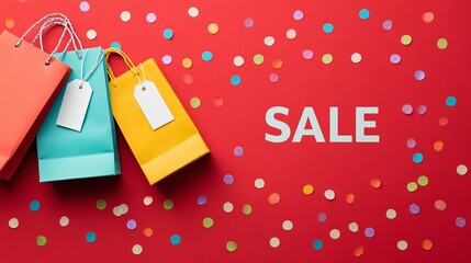 Bright banner for holiday sale. Vibrant announcement with colorful shopping bags and confetti on red background, exuding excitement and anticipation. Eye catching sale promotion for retail marketing