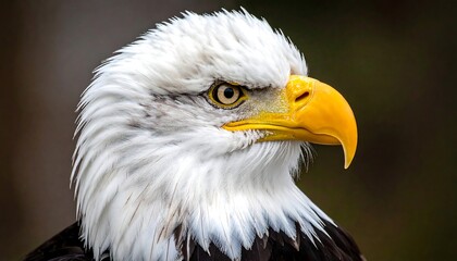 Fototapeta premium Majestic bald eagle headshot shows white feathered head, fierce yellow eye, and sharp yellow beak against a blurred background