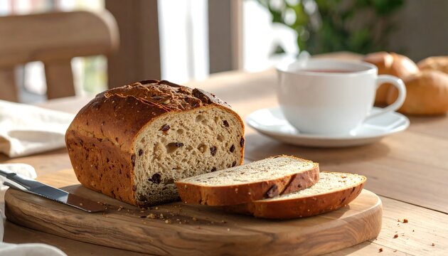 Loaf of sliced raisin bread on a wooden board with a white teacup on a sunny wooden table